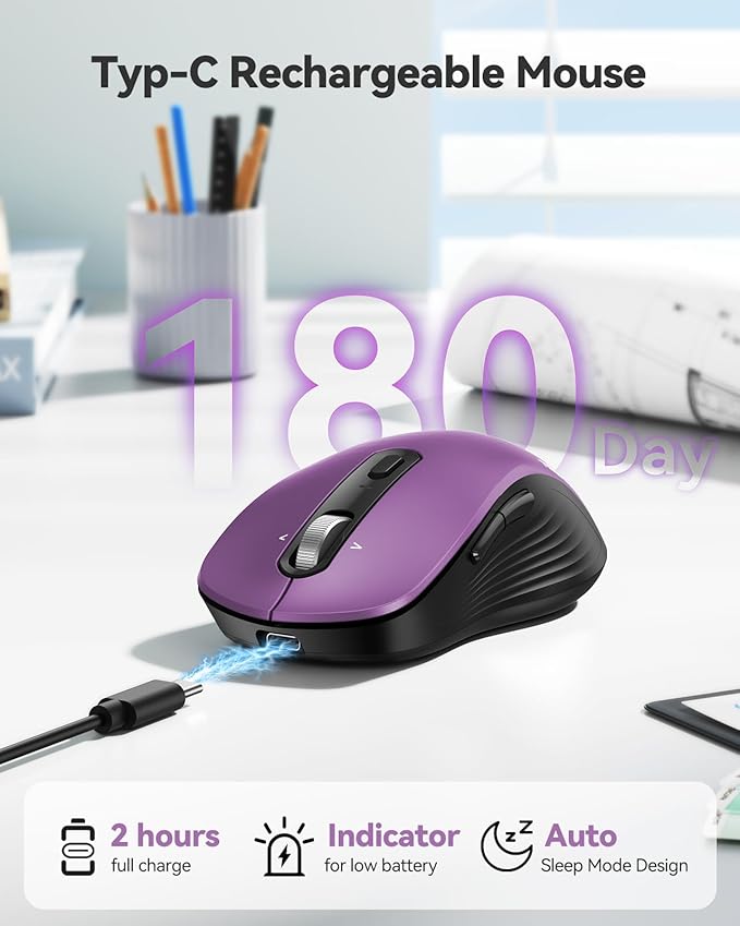 TECKNET Rechargeable Bluetooth Mouse, [ USB + BT5.0 + BT3.0 ] Wireless Mouse, Ergonomic 4-Way Scroll Wheel Computer Mice, 6-Level 4800 DPI Silent Mice, Multi-Device for Computer/Laptop/MacBook -Purple