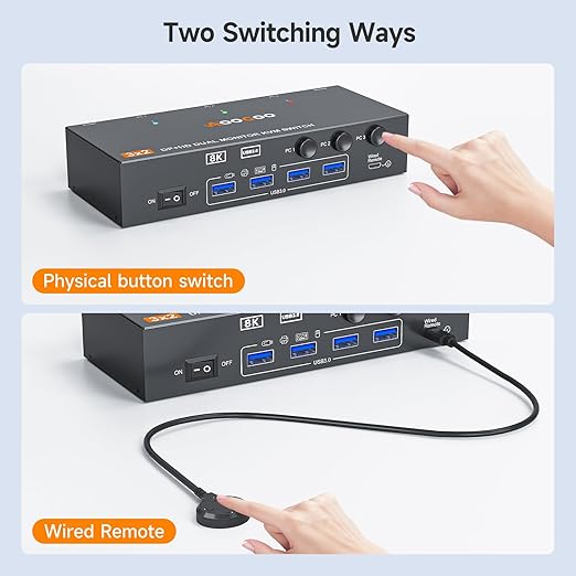 HDMI Displayport KVM Switch 3 Computers 2 Monitors, 8K@60Hz/4K@144Hz Dual Monitor KVM Switch for 3 PCs Share 2 Monitors, with 4 USB3.0 Ports, USB Cables and Power Adapter,Black 13cm HDMI DP KVM