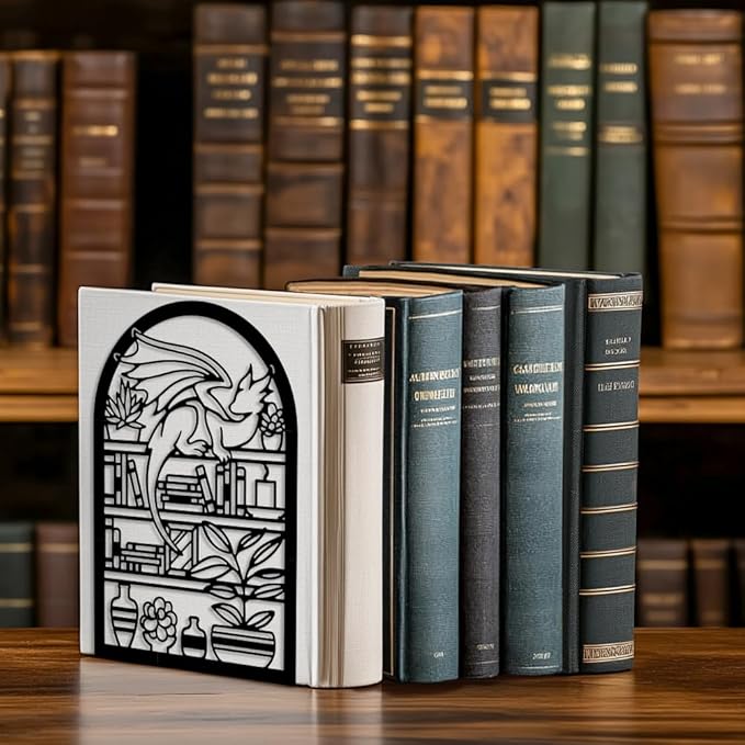 Peacoblue Metal Bookends for Shelves, Modern Decorative Heavy Duty Study Book Support Stoppers for Office, Desk, Shelf, Room 5.3"x4.3"x7.9" Cast Iron Bookends, 1 Pair (Cartoon Dragon and Bookcase)