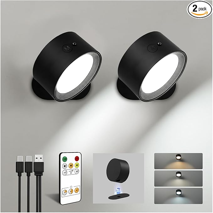 LED Wall Mounted Lights, Rechargeable Wall Sconce Lamps, 3 Color Temps & Remote and Touch, 360° Rotation Dimmable Cordless Wall Light for Study Bedroom Reading Bedside (Black, 2 Pack)