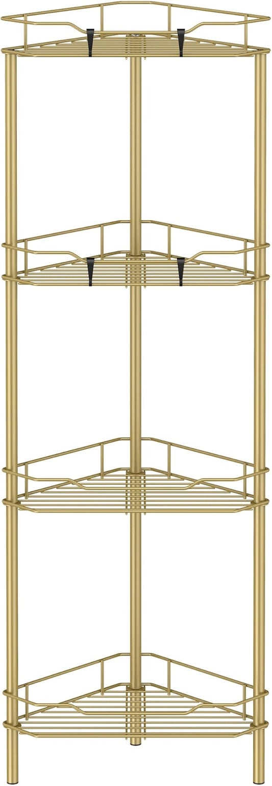 HuggieGems 4 Tier Floor Standing Corner Shower Caddy Organizer Shelf with Hooks, Bathroom Shelves Stand Rack, Gold