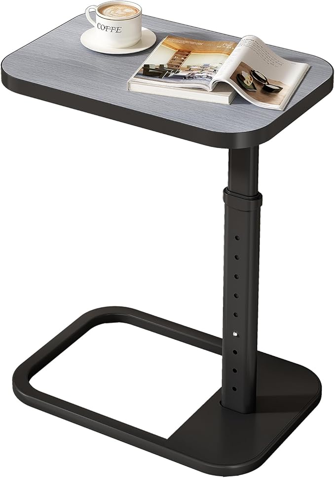 Kitstorack Adjustable Height C-Shaped End Table, 9-Level Side Table with Metal Rounded Edge, Couch Table that Slides Under Sofa or Bed, Eating, Working, and Drinks, TV Tray for Small Space, Dark Gray