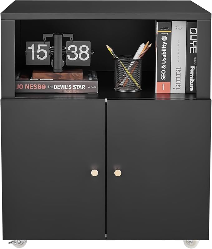 Heavy Duty Rolling Printer Cabinet with 2 Doors & Storage Shelf, Under Desk 3D Printer Stand, Mobile Metal File Cabinet for Garage Home Office, Small Spaces & Workshop Black
