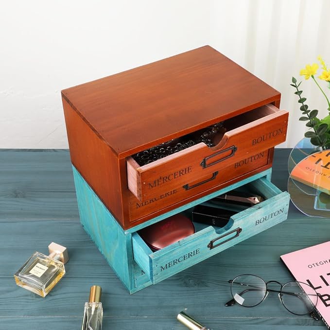 Wooden Storage Box Rustic Desktop Organizer with 2 Drawers Office Desk Accessories Shelf Small Craft Storage Containers Apothecary Cabinet and Chest Jewelry Holder for women(BROWN)