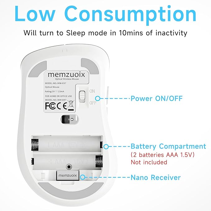 memzuoix 2.4G Wireless Mouse, 1400 DPI Computer Mice with USB Receiver, Portable Wireless USB Mouse Battery Powered Cordless Mice for Laptop, PC, Desktop, 5 Buttons (White)