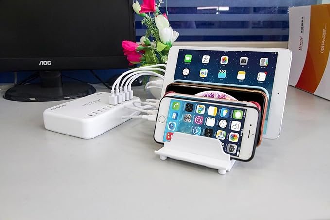 Adjustable Phone Stand Holder Dock Mobile Phone Tablet Organizer Multi Device Universal Desktop Stand Rack for iPhone Samsung Kindle Fire Tablet and Most Electronics Devices-No Charging Port (S-White)