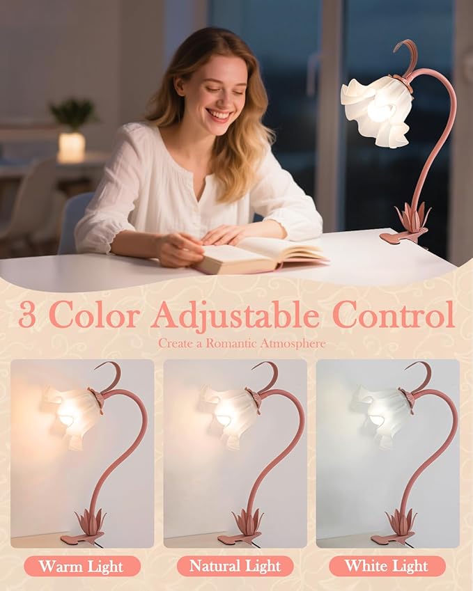 WERFOP Flower Lamp Clip on Light, 3 Color Modes Eye-Caring Desk Lamp with Clamp, Dorm Room Essentials, Flexible Neck Reading Clamp Lamps for College Bedside Bookshelf Studying Room (Pink)