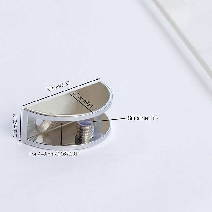 8-Pack Adjustable Metal Shelf Brackets, Semi-Circular Glass Clips, Wall Mount Support Clamp Holder for 4-8mm Shelves in Bathroom, Kitchen, Closet & Living Room, Chrome Plated Cabinet Hardware