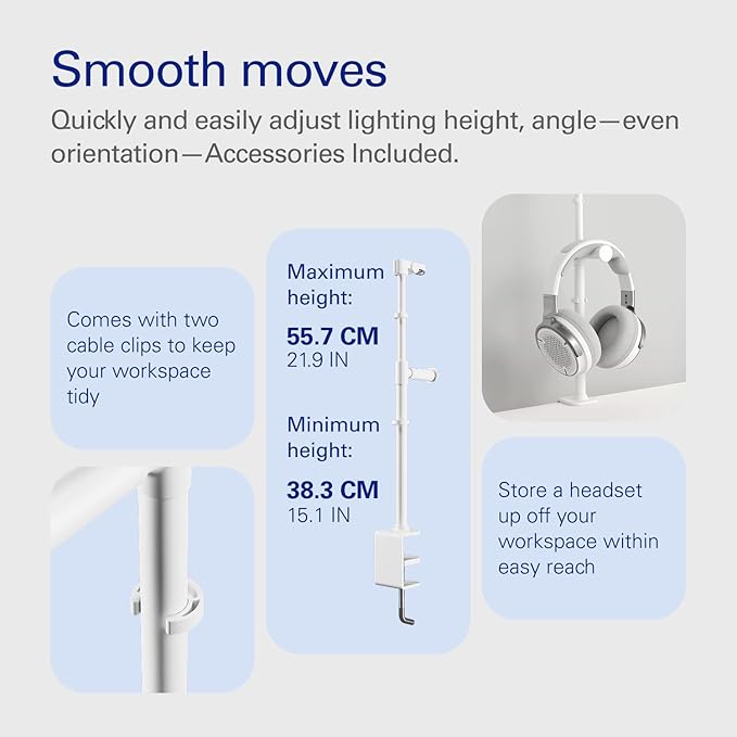 Elgato Neo Mount – Desk Clamp for Lights, Webcams, and Compact Cameras, Edge-Mounted, Adjustable Height & Tilt, Headset Holder, Clean White – Supports up to 1.1 lb (0.5 kg)