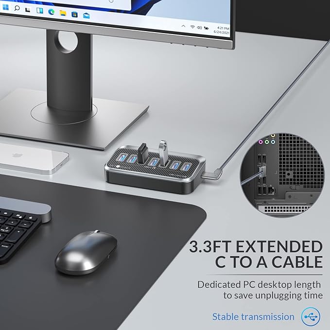 7-Port USB Hub, USB 3.2 Gen1 Hub with 7 USB 5Gbps Data Multiports, Unique 32° Easy Plug, USB Splitter for PC- 3.28ft