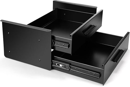 Menkxi 16 inch Under Desk Drawer Storage Pull out Storage Organizer Mounted Metal Sliding Hidden Under Counter Drawer Vertically Stacked for Office Sit Stand Workstation (Black,2 Layer)