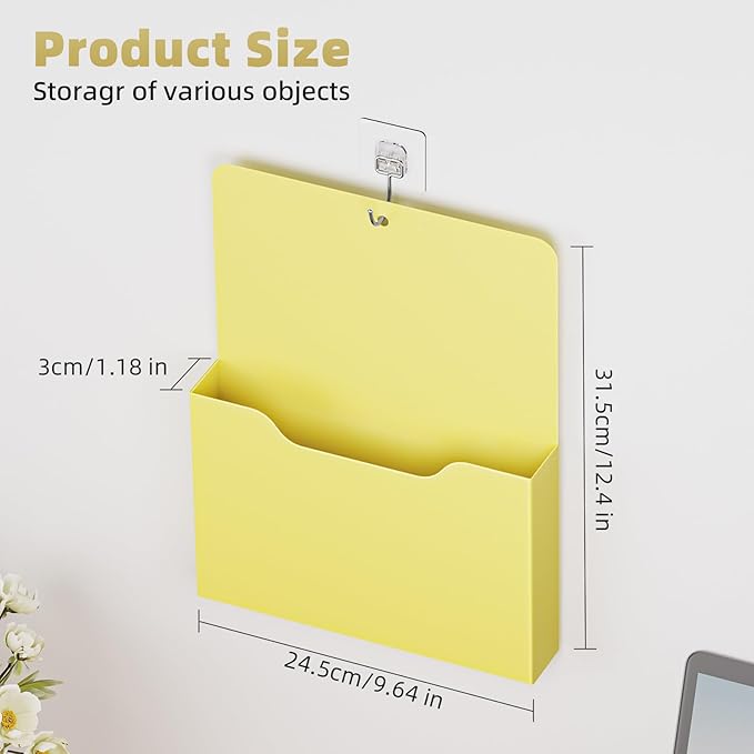 Magnetic File Holder - Magnetic Paper Holder, Pocket Organizer Office Supplies Storage Mail Organizer for Notebooks,Planners,Letter (Yellow）