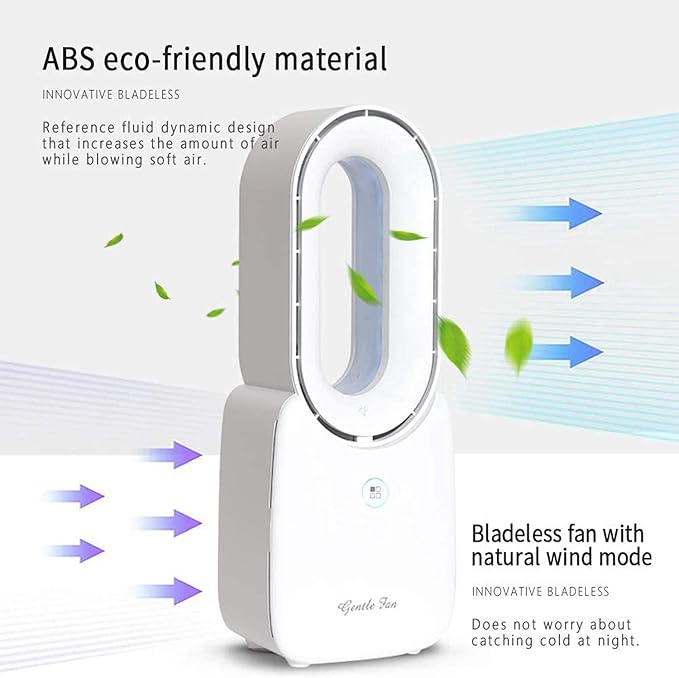Misby Rechargeable Desk Fan, 5-color LED Light Bladeless Table Fan of 11.8 Inch, White Desk Fans Small Quiet for Bedroom, Home, Office