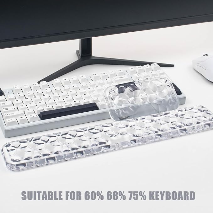 Gel Keyboard and Mouse Wrist Rest Set – Water Ripple Wrist Rest for Computer Keyboard 60%/68%/75%, Comfort & Support for Typing and Gaming (White)
