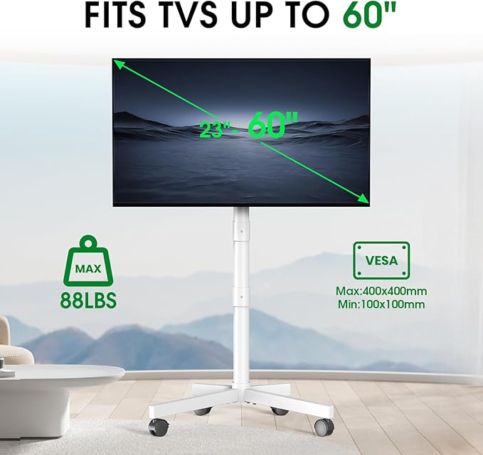 Mobile TV Cart Rolling TV Stand for 23-60 Inch LCD LED OLED Flat Curved Screens up to 88 lbs, Height Adjustable Portable TV Stand on Wheels, Outdoor TV Stand Mount, Max VESA 400x400mm, White