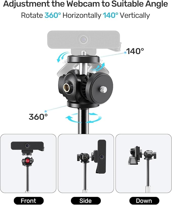 Webcam Tripod Stand for Desk, Newly Upgraded Small Base & 360° Ballhead & Height Adjustable, Ideal for Logitech Webcam C922 C930e C920 C615 C960 BRIO 4K NexiGo N60, Phone Holder with 1/4" Thread