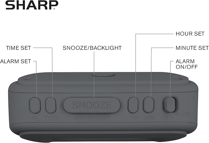 Sharp Digital Alarm Clock – Tactile Plastic Case with Soft Rubberized Finish - Battery Operated – Blue Backlight on Demand – Ascending Alarm – Easy to Use – Charcoal Black