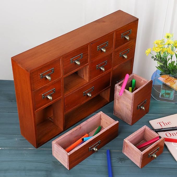 12 Drawers Apothecary Cabinet with Drawers Tabletop Apothecary Drawers Library Card Catalog Cabinet Medicine Cabinets Wood Desk Organizer Wooden Storage Box (Brown)