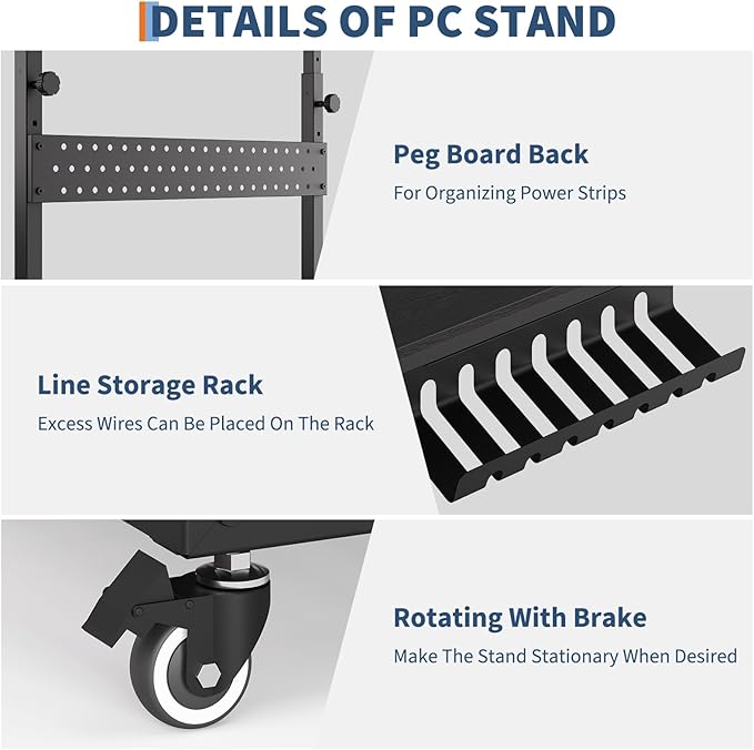 Computer Tower Stand, 11 Level Height Adjustable PC Stand with Line Storage Rack, Mobile Rolling CPU Holder Cart for Gaming Office Home (Black)