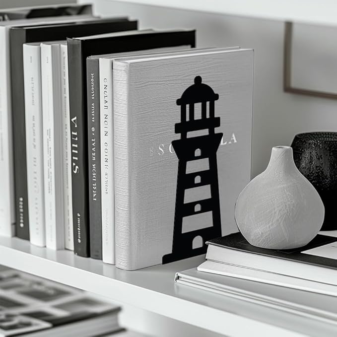 Peacoblue Metal Bookends for Shelves, Modern Decorative Heavy Duty Study Book Support Stoppers for Office, Desk, Shelf, Room 5.3"x4.3"x7.9" Cast Iron Simple Tall Bookends, 1 Pair (Lighthouse)