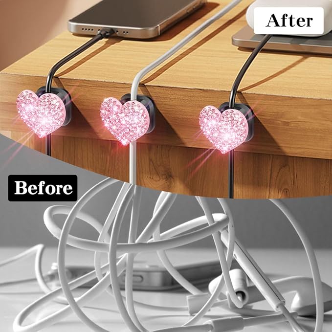 Bling Cord Organizer Holder,Heart Shape Magnetic Cable Clips with Strong Adhesive，Desk Cable Holder & Phone Charging Cords Wire Management for Home,Office,Car,Nightstand (Pink 4 Pack)