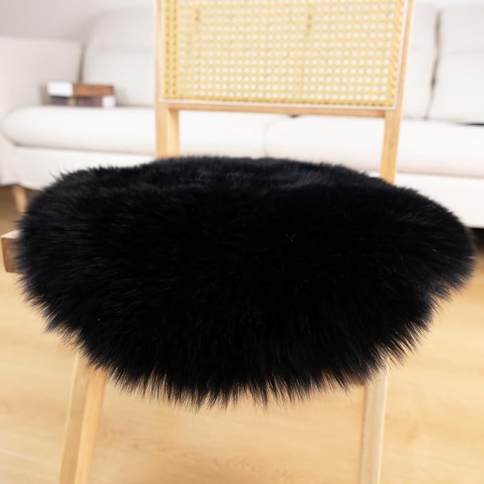 LLB Sheepskin Chair Pad Office Cushion Cover for Dining Room, Desk, Computer - Fur Area Rug for Living Room, Round 16.5" (Pack of 1), Black