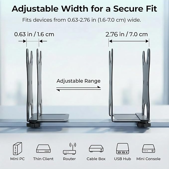 Yimaut Adjustable Mini PC Mount Bracket, VESA 75x75 & 100x100, Supports up to 12 lbs, Mount Behind Monitor, Under Desk, Wall or Stand Pole, Thin Client CPU Holder, Fits 0.63–2.76 in Wide
