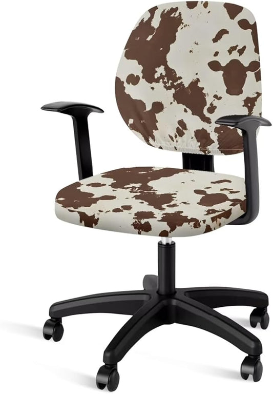 Brown Cowhide Office Chair Covers 2 Piece Stretchable Office Chair Seat Cover Universal Desk Rotating Chair,Computer Chair Washable Chair Cover Decorative for Women