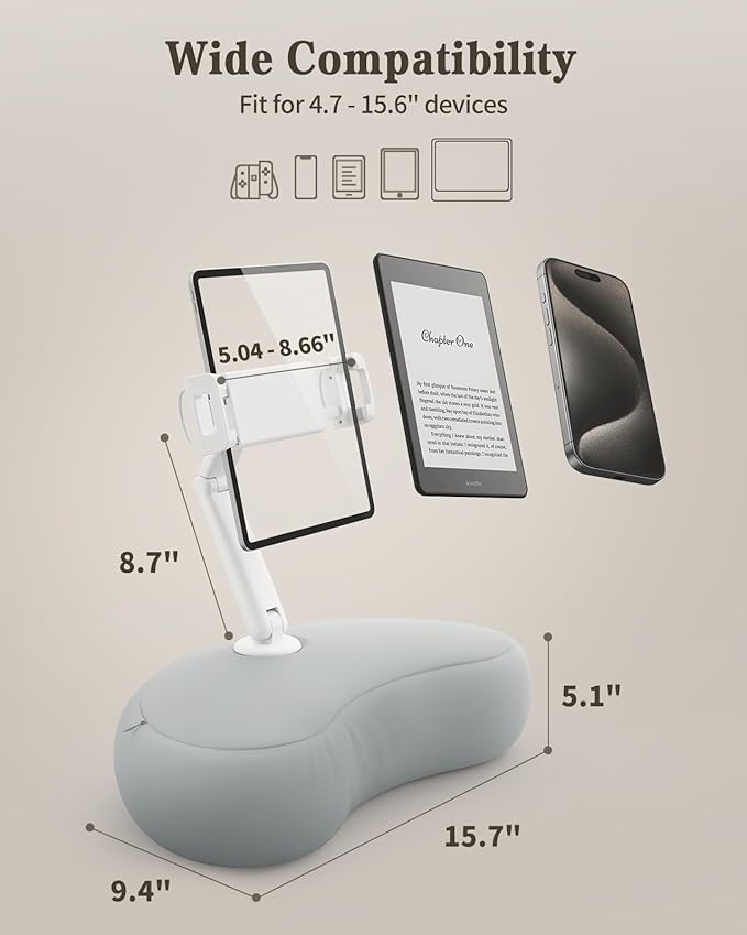 SAIJI Tablet Pillow Stand for Bed – iPad & Kindle Holder with Flexible Dual Axis Arm & Microbead Cushion, 360° Adjustable Lap Beanbag Phone Holder Fits Devices with 4.7"–15.6" Screens (Gray)