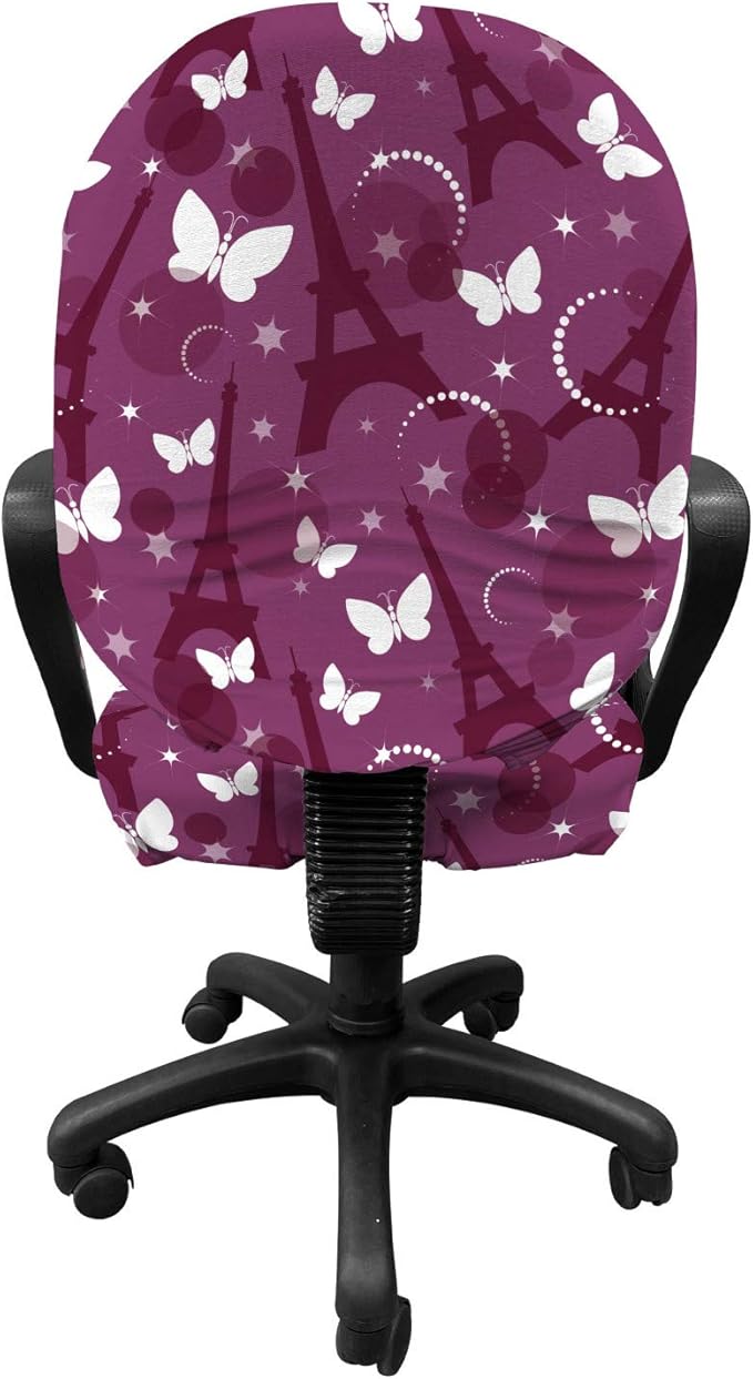 Ambesonne Eiffel Office Chair Slipcover, Abstract Composition with Towers White Butterflies and Stars Ethereal Display, Protective Stretch Decorative Fabric Cover, Standard Size, Violet White