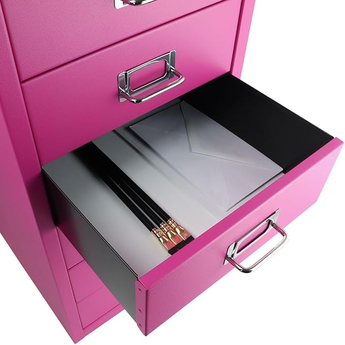 Bisley 6-Drawer Steel MultiDrawer Cabinet - Fuchsia, Chrome Pull Handles with Label Holders, Powder-Coated Steel, Removable Drawers, Fits Under Most Desks, Labels Included