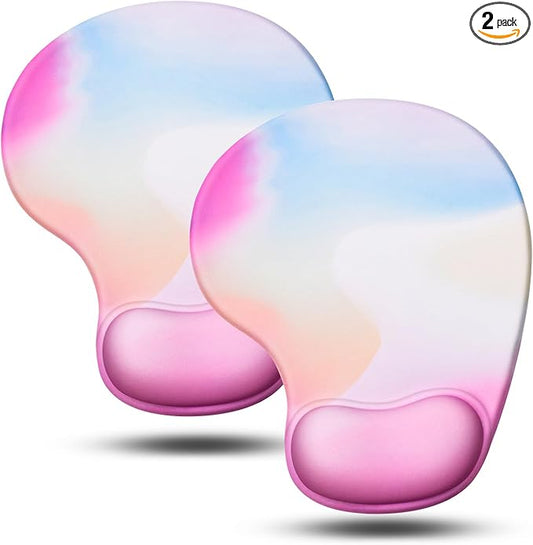 JIKIOU Mouse Pad, 2 Pack Ergonomic Mouse Pads with Comfortable Gel Wrist Rest Support and Smooth Cloth, Non-Slip PU Base for Easy Typing Pain Relief Durable and Easy to Clean Small Rainbow