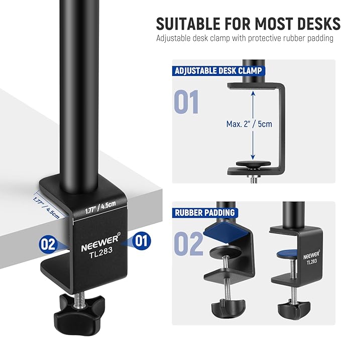 NEEWER Camera Desk Mount with Holder & 360° Ball Head, 17"-40"/43-102cm Telescopic C Clamp Table Light Stand 1/4" Screw, Desktop Stand 6.6lb/3kg Max Load for DSLR Camera, Webcam, Ring Light,TL283