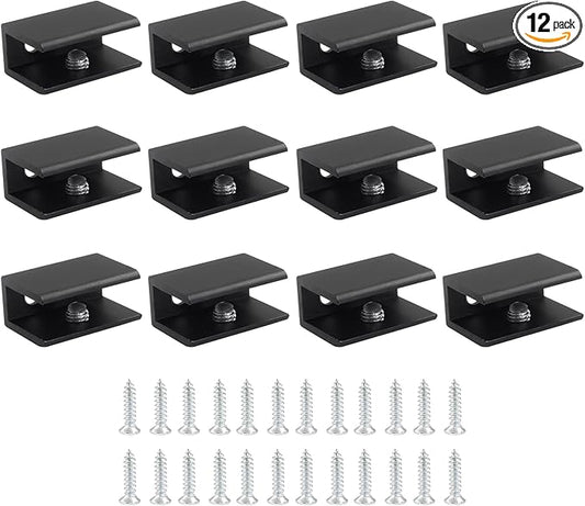 Hordion 12 Pack Square Glass Clamp, Aluminum Alloy Shelf Clamp Clip Glass Holder Support Bracket for 5-8 mm Thick Glass, Black