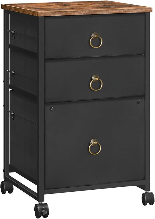 HOOBRO 3-Drawer Mobile File Cabinet, Vertical Filing Cabinet, Under Desk Storage Drawers for Home Office, Rolling Printer Stand, A4/Letter-Sized, Nonwovens Drawer, Rustic Brown and Black BFK30WJ01