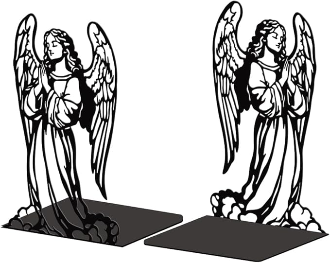 Peacoblue Metal Bookends for Shelves, Modern Decorative Heavy Duty Study Book Support Stoppers for Office, Desk, Shelf, Room 5.3"x4.3"x7.9" Cast Iron Simple Tall Bookends, 1 Pair (Angel)