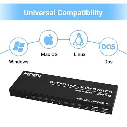 4K@60Hz HDMI KVM Switch 8 Port, HDMI KVM Switch for 8 PC Sharing 1 4K Monitor and 4 USB Devices, with Remote Control, Wired Desktop Controller and 8 KVM Cables