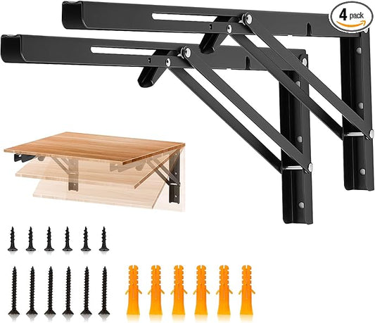 JOY DECOR 18 Inch Heavy Duty Folding Shelf Brackets, 4 Pack (2 Pairs) Collapsible Wall Mounted Brackets for Fold Down Table, Stainless Steel Folding Table Hinge, Matte Black