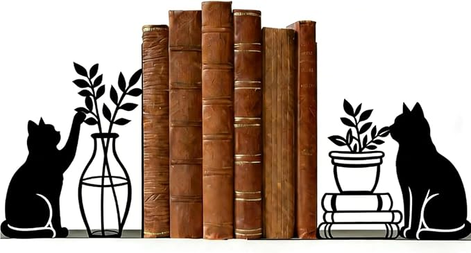 Decorative Cat Bookends, Metal Book Ends for Shelves - Cute Modern Cat Shape Bookend Holder for Bookshelf, Home Office Desk Decor, for Cat Lovers & Reading Enthusiasts