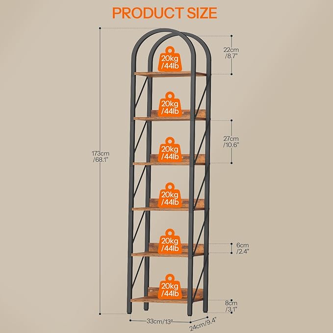 HOOBRO Bookshelf, 6-Tier Arched Bookshelf, Industrial Bookcase with Metal Frame, Tall Book Shelf Storage Organizer for Living Room, Office, Bedroom, Rustic Brown and Black BF426SJ01