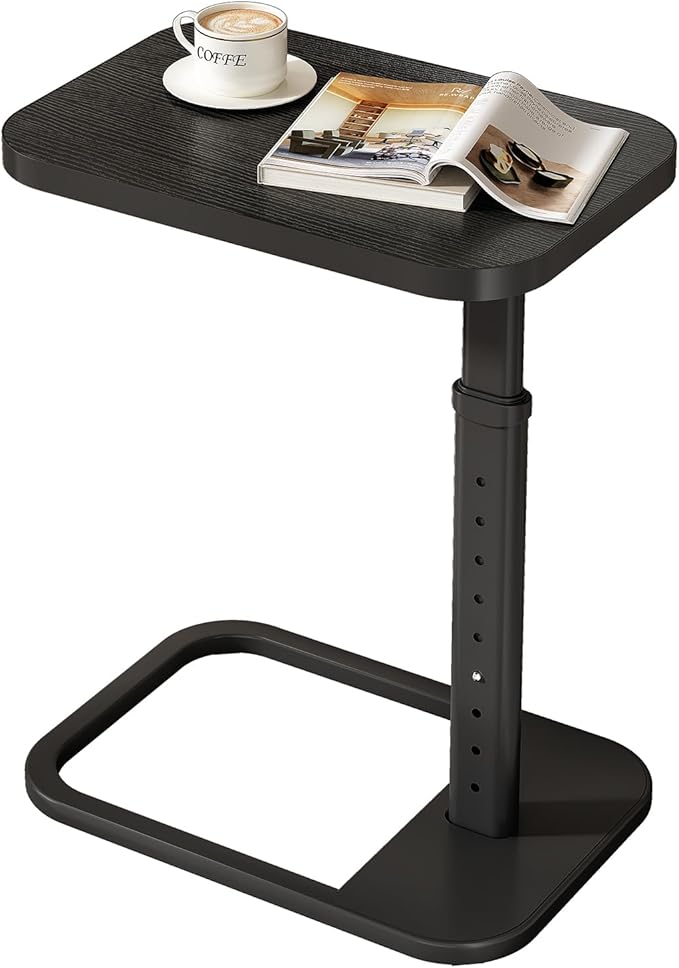 Kitstorack Adjustable Height C-Shaped End Table, 9-Level Side Table with Metal Rounded Edge, Couch Table that Slides Under Sofa or Bed for Eating, Working, and Drinks, TV Tray for Small Spaces, Black