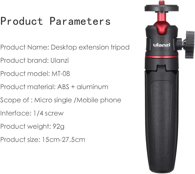 MT-08 Black Mini Tripod for Camera, 1/4" Screw Universal Tripod Compatible with DJI OSMO Pocket 3/Pocket 4/Insta 360x5/OSMO 360/Xtra/Sony/Canon,Extendable Handheld Vlogging Video Filming Table Stand