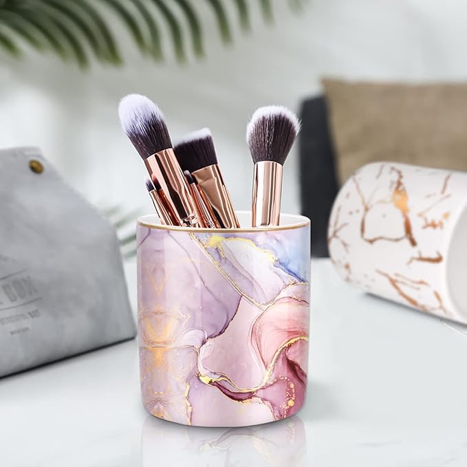 WAVEYU Pink Pen Holder for Desk, Premium Ceramic Pencil Holder Pen Cup Marker Holder Makeup Brush Holders, Desk Accessories & Workspace Organizers for Home, Office,Colorful Marble