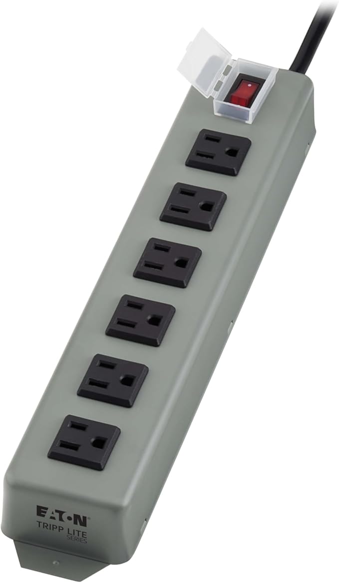 Eaton Tripp Lite Series Heavy Duty Power Strip with 6 Right-Angle Outlets, Metal, Mountable Wall Mount & Under Desk, 15ft Extension Cord, On/Off Switch Cover, Industrial Garage Work Bench (UL24RA-15)