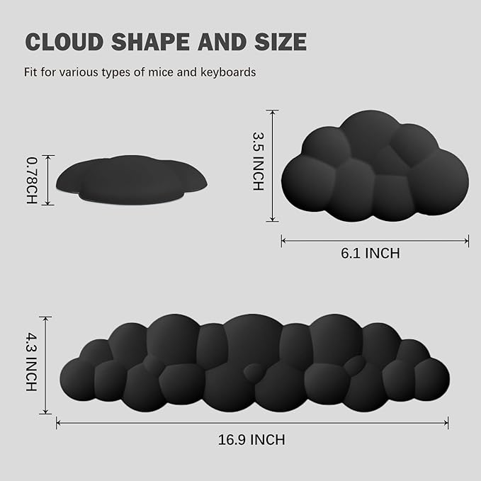 Cloud Keyboard Wrist Rest Pad Set,Enlarge PU Leather Memory Foam Wrist Cushion Support,Easy Typing Pain Relief,Mouse Wrist Rest Pad,Non-Slip Wrist Support for Home, Office,Black