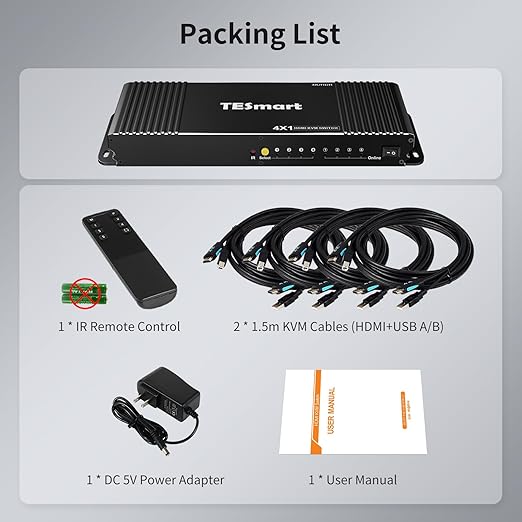 TESmart HDMI KVM Switch 4 Port 4K@60Hz Ultra HD 4x1 with 4 Pcs 5ft KVM Cables Supports Keyboard & Mouse Pass Through USB 2.0 Device (Black)