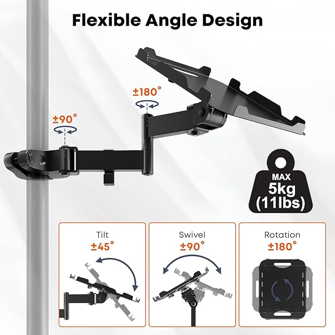 PUTORSEN Adjustable Pole Mount Printer Stand，Printer Pole Mount with 7.2x9.2 Inch Storage Tray for Thermal Printers, Full Motion Arm Holds 11 lbs, Fits 1.1-2.36 Inch Tube Diameters
