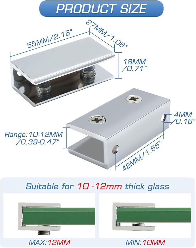 Alise Glass Shelf Bracket Adjustable Shower Brackets,Heavy Duty Rectangle Clamp Holder for 10-12mm Glass Shelves,Wall Mount Clamps Clip Support Hardware Replacement Parts,Polished Chrome 2 Pcs