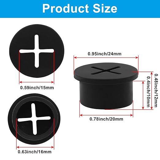 Hitefu 12Pcs 3/4 Inch Rubber Desk Grommet, Flexible Wire Cord Grommets, Silicone Cable Hole Cover for Office Desk Table Furniture Wall Organizer (Black)