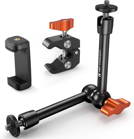K&F CONCEPT 9.8" Magic Arm Clamp with Phone Holder, 360° Ball Heads Camera Arm Mount for Phone/LED Lights/Monitor/Flash/Microphone/DSLR Camera